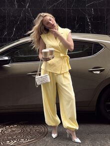 Airaco Women's Solid Color Pleated Top And Pants Casual Smart Casual Business Casual Daily Set Brunch Office Soft Yellow Summer - Yellow - View 12