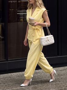 Airaco Women's Solid Color Pleated Top And Pants Casual Smart Casual Business Casual Daily Set Brunch Office Soft Yellow Summer - Yellow - View 10