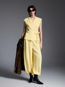 Airaco Women's Solid Color Pleated Top And Pants Casual Smart Casual Business Casual Daily Set Brunch Office Soft Yellow Summer - Yellow - View 4