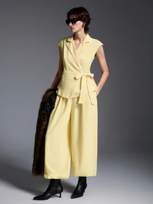 Airaco Women's Solid Color Pleated Top And Pants Casual Smart Casual Business Casual Daily Set Brunch Office Soft Yellow Summer - Yellow - View 7