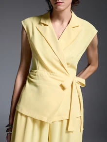 Airaco Women's Solid Color Pleated Top And Pants Casual Smart Casual Business Casual Daily Set Brunch Office Soft Yellow Summer - Yellow - View 3