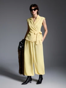 Airaco Women's Solid Color Pleated Top And Pants Casual Smart Casual Business Casual Daily Set Brunch Office Soft Yellow Summer - Yellow - View 5