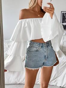 SHEIN PariChic 露肩荷叶边女式长袖方形领口衬衫、长袖上衣 - 白色 - 查看 6