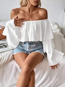 SHEIN PariChic 露肩荷叶边女式长袖方形领口衬衫、长袖上衣 - 白色 - 查看 4