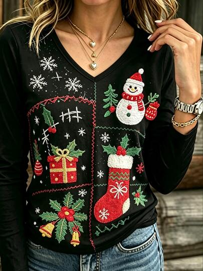 Breezaya Ladies' Halloween T-Shirt, Black Retro Round-Neck T-Shirt, Y2K-Style Autumn Top, Casual Long-Sleeve Fall Christmas