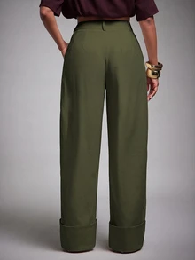 Vixey High Waist Fold Over Cuffed Hem Barrel Leg Trousers, Fall/Winter - Army Green - View 2