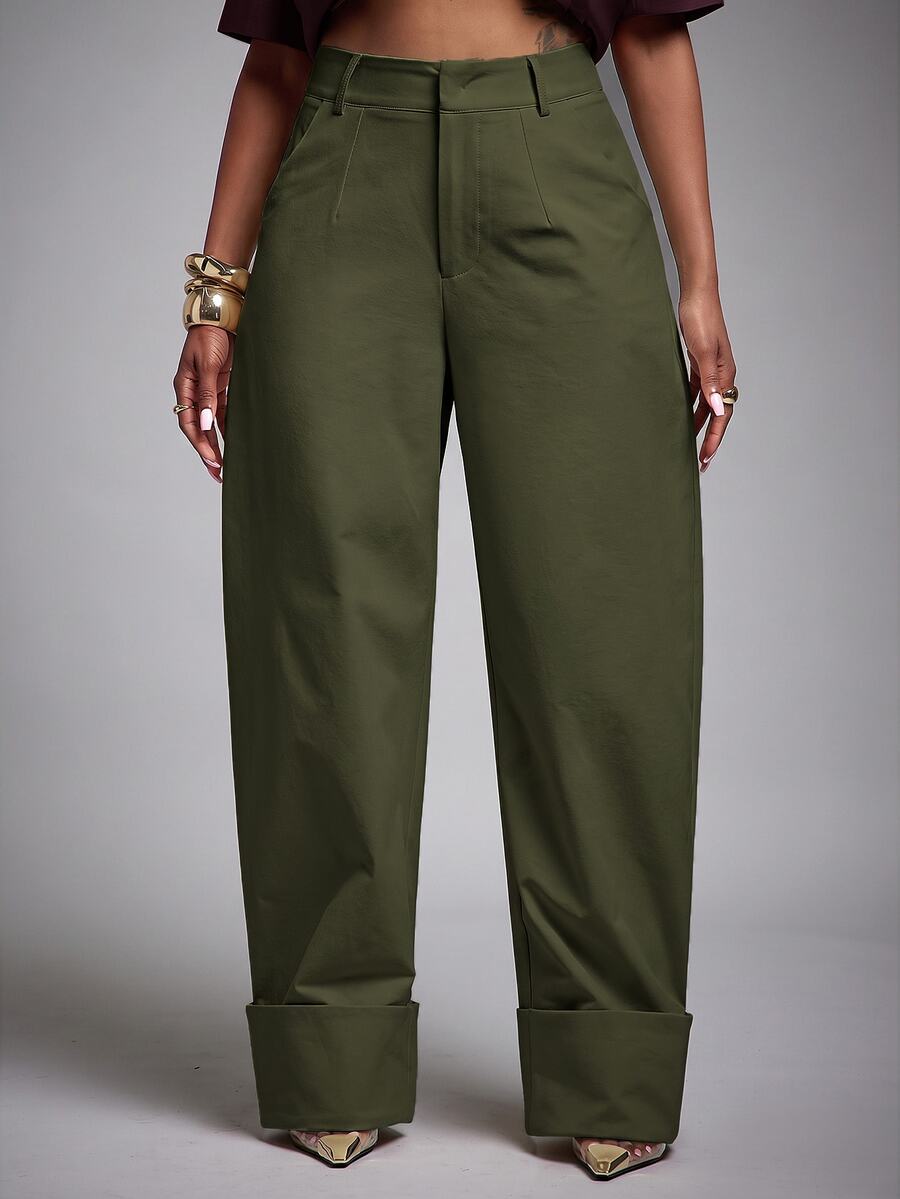 Vixey High Waist Fold Over Cuffed Hem Barrel Leg Trousers, Fall/Winter - Army Green - View 1