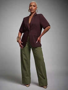 Vixey High Waist Fold Over Cuffed Hem Barrel Leg Trousers, Fall/Winter - Army Green - View 5