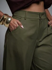 Vixey High Waist Fold Over Cuffed Hem Barrel Leg Trousers, Fall/Winter - Army Green - View 3
