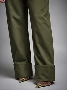 Vixey High Waist Fold Over Cuffed Hem Barrel Leg Trousers, Fall/Winter - Army Green - View 4
