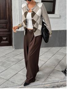Pariaura Cárdigan de punto con botones de manga larga, estilo universitario informal, con estampado de pata de gallo en parches, para otoño - Multicolor - Ver 5