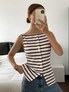 Siren Gaze Women Striped Ribbed Knit Tank Top Square Neck Single Breasted Button Down Sleeveless Vest Fitted Slim Casual All-Match Top For Daily Wear Going Out - Apricot - View 6