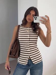 Siren Gaze Women Striped Ribbed Knit Tank Top Square Neck Single Breasted Button Down Sleeveless Vest Fitted Slim Casual All-Match Top For Daily Wear Going Out - Apricot - View 1
