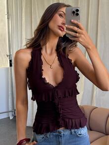 Aloruh Romantic Date/Vacation Ruffle V-Neck Sleeveless Knit Tank Top, Solid Purple Color, Casual & Work Appropriate Y2K Style - Purple - View 6