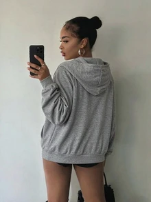 Rovax Áo nỉ hoodie kéo khóa dáng rộng phong cách thể thao thường ngày vintage in chữ hài hước cho nữ - Xám - Xem 2