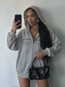 Rovax Áo nỉ hoodie kéo khóa dáng rộng phong cách thể thao thường ngày vintage in chữ hài hước cho nữ - Xám - Xem 7