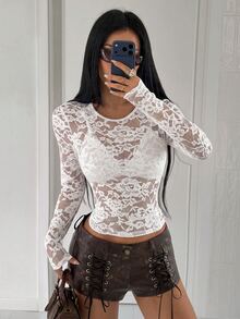 StreetHx Sexy Romantic White Floral Floral Lace Sheer Top, Fitted Mesh Undershirt Wedding Night Out Date Night Autumn - White - View 7