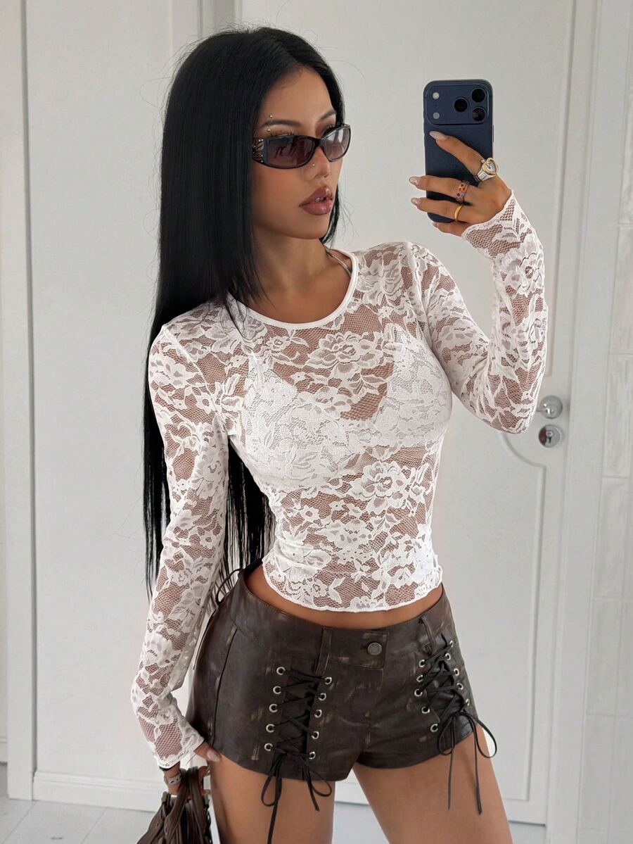 StreetHx Sexy Romantic White Floral Floral Lace Sheer Top, Fitted Mesh Undershirt Wedding Night Out Date Night Autumn - White - View 1