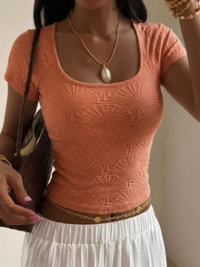 DAZY 女款緹花修身百搭日常外出細肩帶背心上衣 夏季可愛 Y2K 度假風 - 亮橙色 - 查看 2