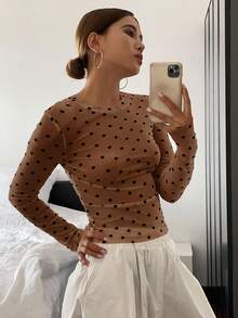 DAZY Women's Polka Dot Allover Print Crew Neck Long Sleeve Fitted Blouse Y2k,Fall Clothes,Back To School Clothes - Coffee Brown - View 3