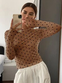DAZY Women's Polka Dot Allover Print Crew Neck Long Sleeve Fitted Blouse Y2k,Fall Clothes,Back To School Clothes - Coffee Brown - View 2
