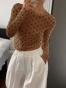 DAZY Women's Polka Dot Allover Print Crew Neck Long Sleeve Fitted Blouse Y2k,Fall Clothes,Back To School Clothes - Coffee Brown - View 4