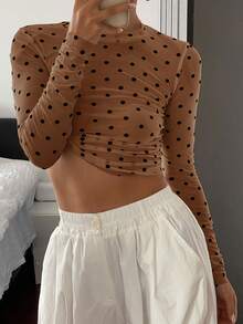 DAZY Women's Polka Dot Allover Print Crew Neck Long Sleeve Fitted Blouse Y2k,Fall Clothes,Back To School Clothes - Coffee Brown - View 7