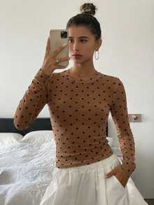 DAZY Women's Polka Dot Allover Print Crew Neck Long Sleeve Fitted Blouse Y2k,Fall Clothes,Back To School Clothes - Coffee Brown - View 10