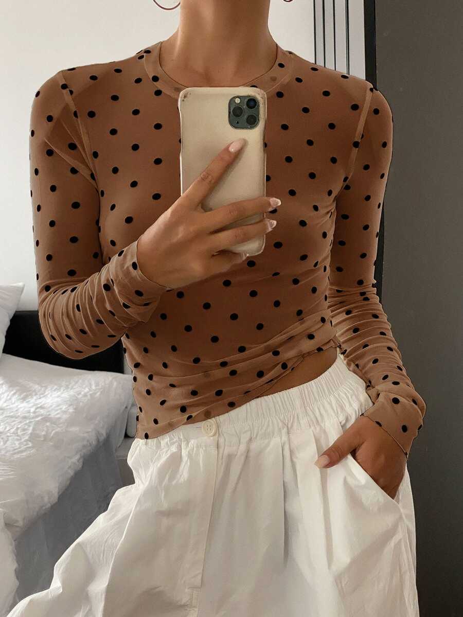 DAZY Women's Polka Dot Allover Print Crew Neck Long Sleeve Fitted Blouse Y2k,Fall Clothes,Back To School Clothes - Coffee Brown - View 1