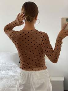 DAZY Women's Polka Dot Allover Print Crew Neck Long Sleeve Fitted Blouse Y2k,Fall Clothes,Back To School Clothes - Coffee Brown - View 8