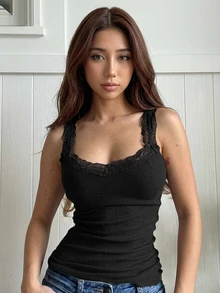 DAZY 女式秋季新款时尚撞色蕾丝修身吊带背心 - 黑色 - 查看 7