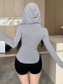DAZY Drawstring Hoodie With Waist Cinching, Zipper And Pockets, Short Length And Tight-Fitting For Women,Long Sleeve Tops Sweatshirt Jacket - Light Grey - View 4