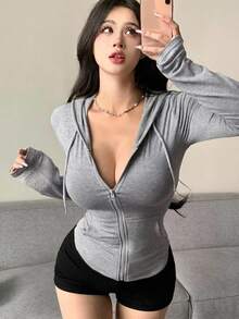 DAZY Drawstring Hoodie With Waist Cinching, Zipper And Pockets, Short Length And Tight-Fitting For Women,Long Sleeve Tops Sweatshirt Jacket - Light Grey - View 10
