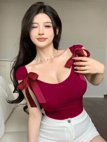 Joudiya 女款純色蝴蝶結綁帶修身短袖T恤上衣 夏季掛脖上衣 - 酒紅色 - 查看 5