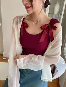 Joudiya 女款純色蝴蝶結綁帶修身短袖T恤上衣 夏季掛脖上衣 - 酒紅色 - 查看 9