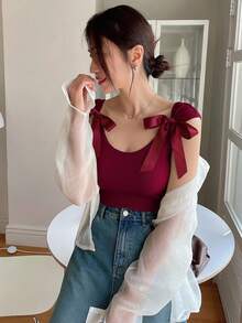 Joudiya 女款純色蝴蝶結綁帶修身短袖T恤上衣 夏季掛脖上衣 - 酒紅色 - 查看 7