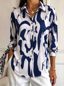 Women's Printed Long Sleeve Single-Breasted Casual Long Shirt Brunch White And Blue Autumn - Blue and White - View 4