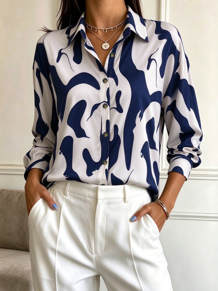 Women's Printed Long Sleeve Single-Breasted Casual Long Shirt Brunch White And Blue Autumn - Blue and White - View 5
