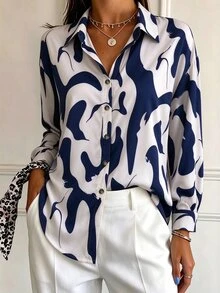 Women's Printed Long Sleeve Single-Breasted Casual Long Shirt Brunch White And Blue Autumn - Blue and White - View 1