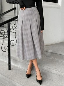 SHEIN PariChic Women's Fall Grey Plaid High-Waist A-Line Asymmetric Skirt, Structured Pleated Swing Skirt,Sophisticated Occasion Wear For Business Daily Commute - Multicolor - View 8