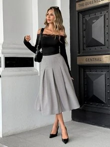 SHEIN PariChic Women's Fall Grey Plaid High-Waist A-Line Asymmetric Skirt, Structured Pleated Swing Skirt,Sophisticated Occasion Wear For Business Daily Commute - Multicolor - View 5