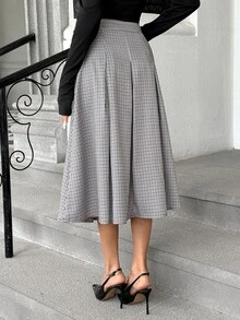 SHEIN PariChic Women's Fall Grey Plaid High-Waist A-Line Asymmetric Skirt, Structured Pleated Swing Skirt,Sophisticated Occasion Wear For Business Daily Commute - Multicolor - View 2