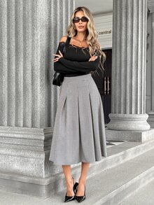 SHEIN PariChic Women's Fall Grey Plaid High-Waist A-Line Asymmetric Skirt, Structured Pleated Swing Skirt,Sophisticated Occasion Wear For Business Daily Commute - Multicolor - View 9