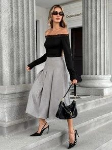 SHEIN PariChic Women's Fall Grey Plaid High-Waist A-Line Asymmetric Skirt, Structured Pleated Swing Skirt,Sophisticated Occasion Wear For Business Daily Commute - Multicolor - View 6