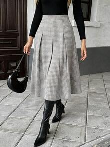 SHEIN PariChic Women's Fall Grey Plaid High-Waist A-Line Asymmetric Skirt, Structured Pleated Swing Skirt,Sophisticated Occasion Wear For Business Daily Commute - Multicolor - View 3