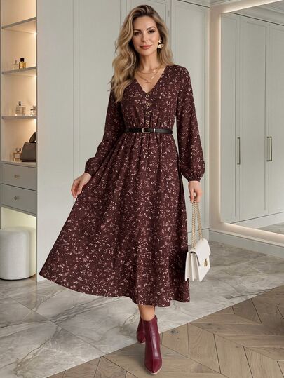 Medorina Elegant French Retro, Floral Button Up, Midi Dress Women, Chiffon Burgundy Wine Red, V-Neck Cinched Waist A-Line, Business Office, Thanksgiving, Fall Winter