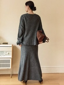 Dazy-Less 2pcs Women Casual Commuting Sequin Patchwork Pullover Sweater And Sweater Dress Set, Autumn/Winter - Grey - View 7
