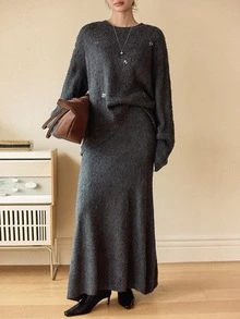 Dazy-Less 2pcs Women Casual Commuting Sequin Patchwork Pullover Sweater And Sweater Dress Set, Autumn/Winter - Grey - View 8