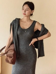 Dazy-Less 2pcs Women Casual Commuting Sequin Patchwork Pullover Sweater And Sweater Dress Set, Autumn/Winter - Grey - View 5