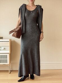 Dazy-Less 2pcs Women Casual Commuting Sequin Patchwork Pullover Sweater And Sweater Dress Set, Autumn/Winter - Grey - View 4